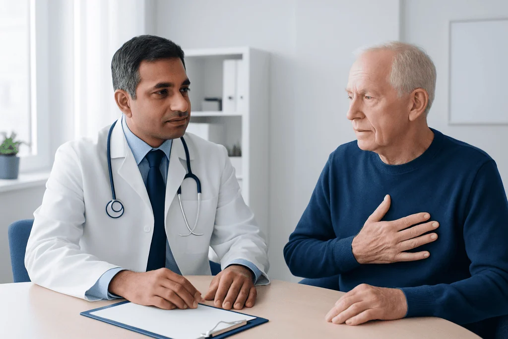 Doctor consulting with an elderly patient about heart health in a clinic.