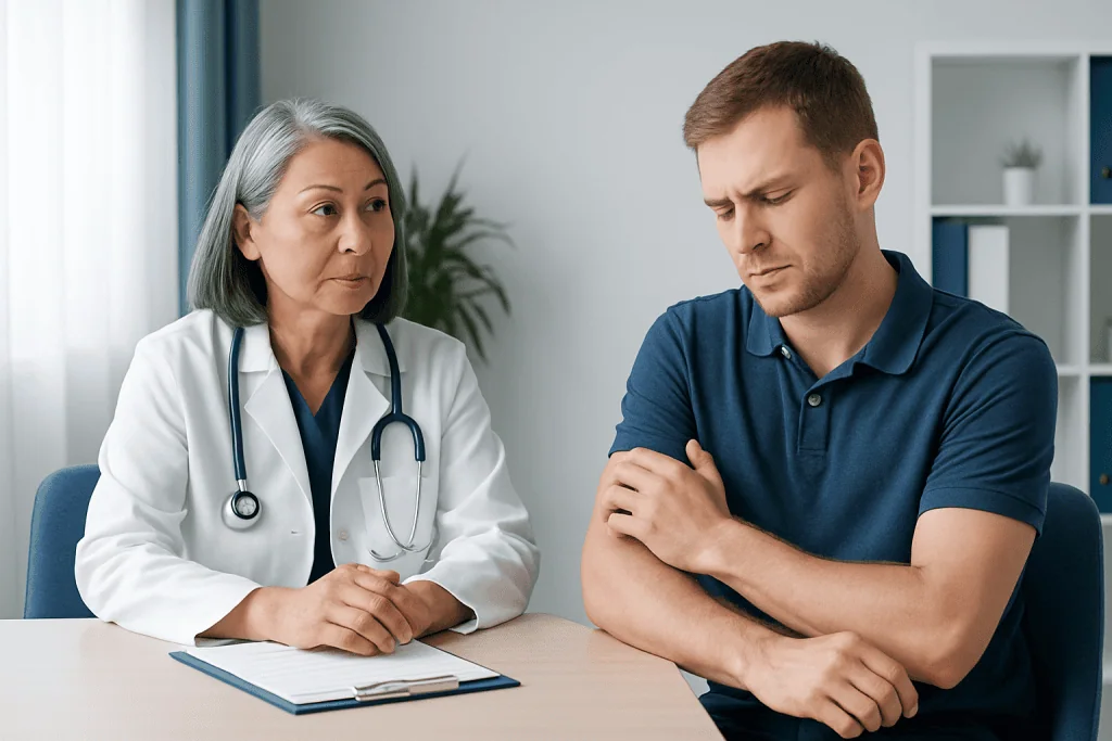 Doctor consulting a young man about health concerns in a medical office.