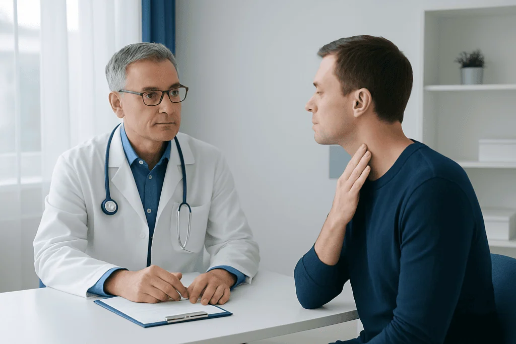 Doctor examining a patient's neck during consultation at Acibadem Hospital.
