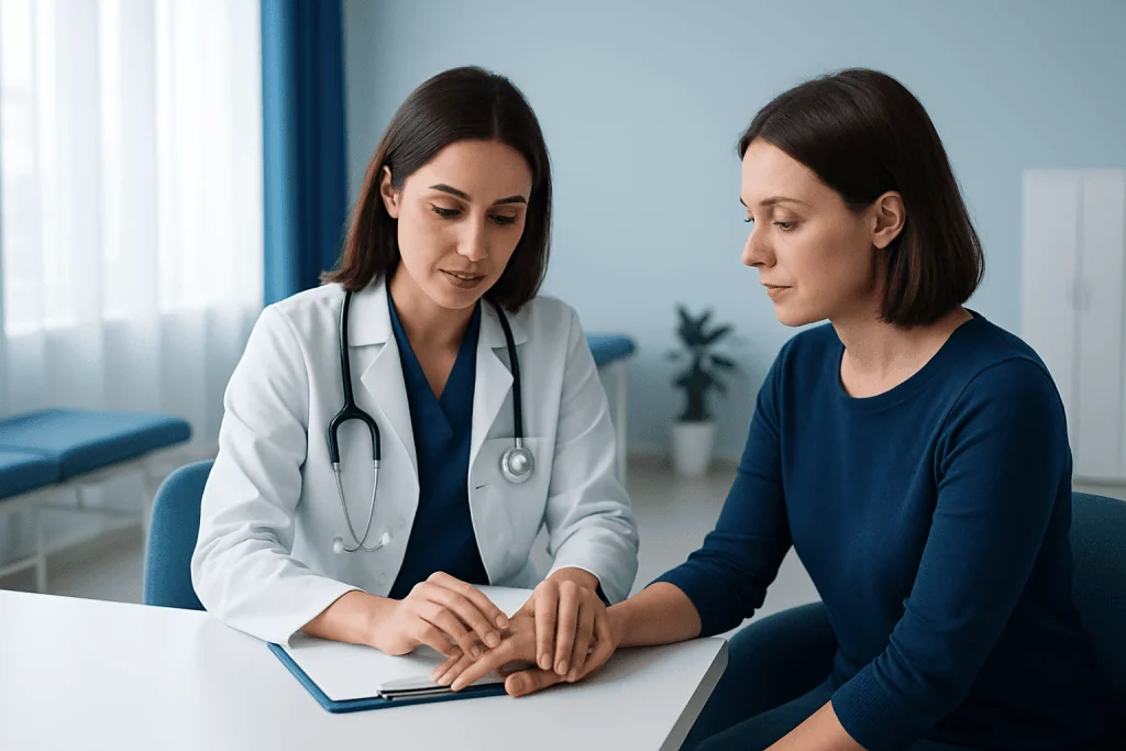 Doctor examining patient's fingernail health in a clinical setting.