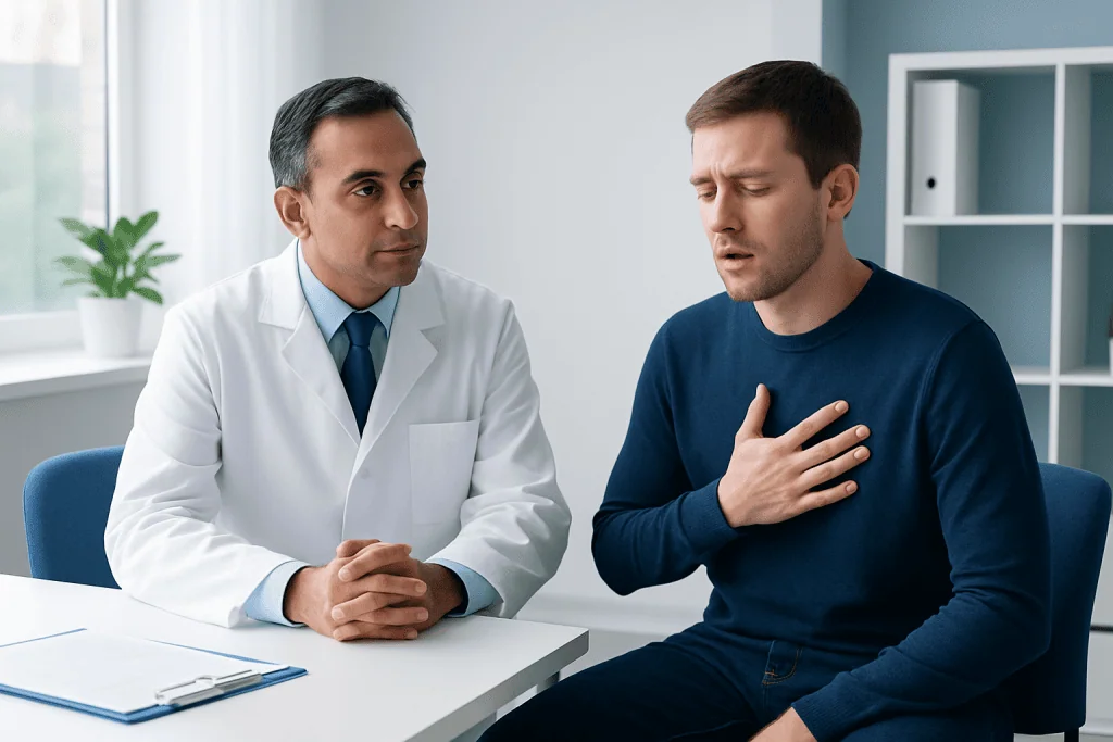 Doctor consulting with patient about hiccup causes and treatment options.