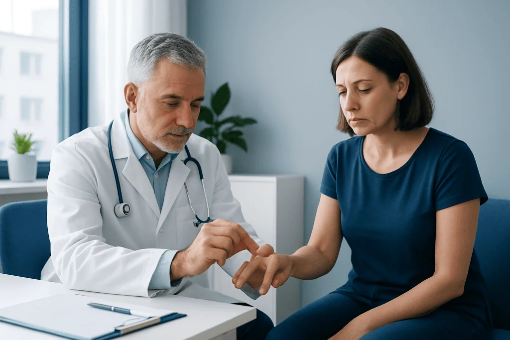 Doctor examining patient's wrist in a medical consultation.