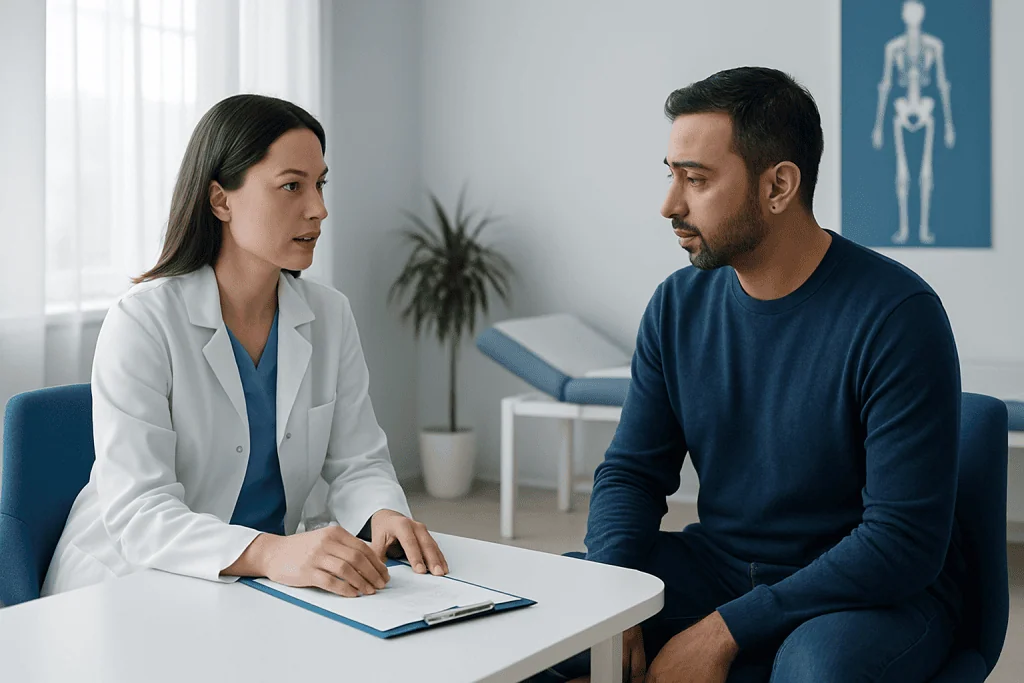 Doctor consulting with male patient in a medical office setting.
