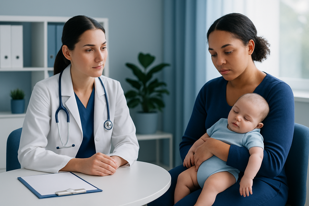 Pediatric consultation with a doctor and mother holding a baby in a clinic.
