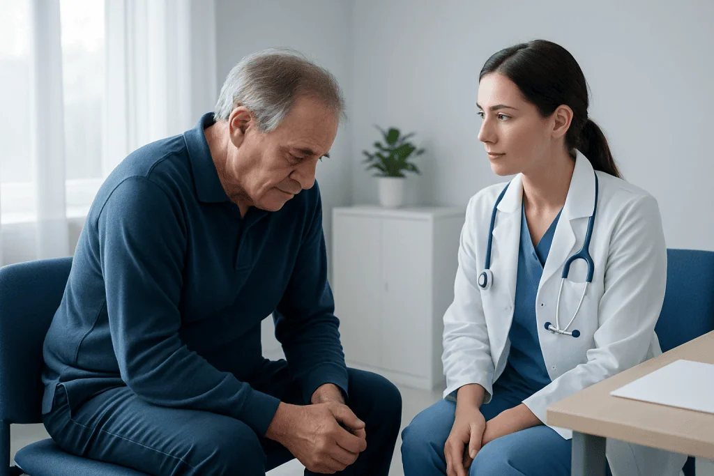 Doctor consulting with elderly patient in a medical office setting.