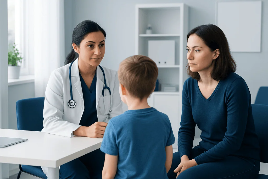 Doctor consulting with a mother and child in a medical office.