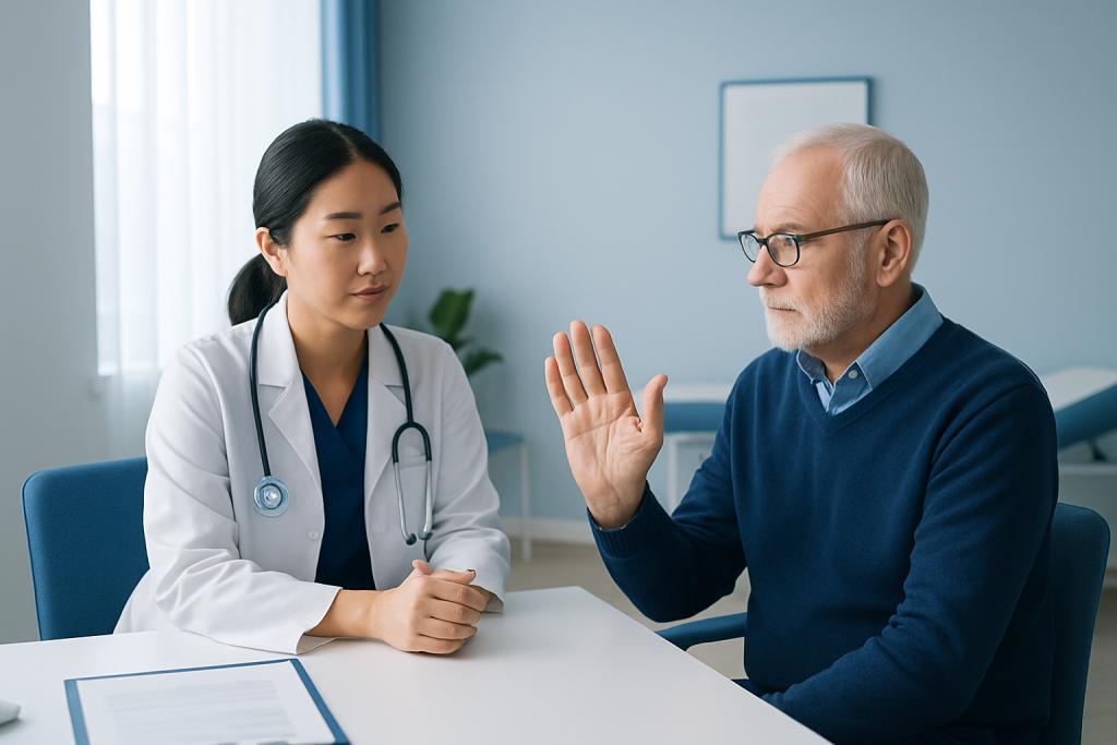 Doctor consulting with elderly patient in a medical office.