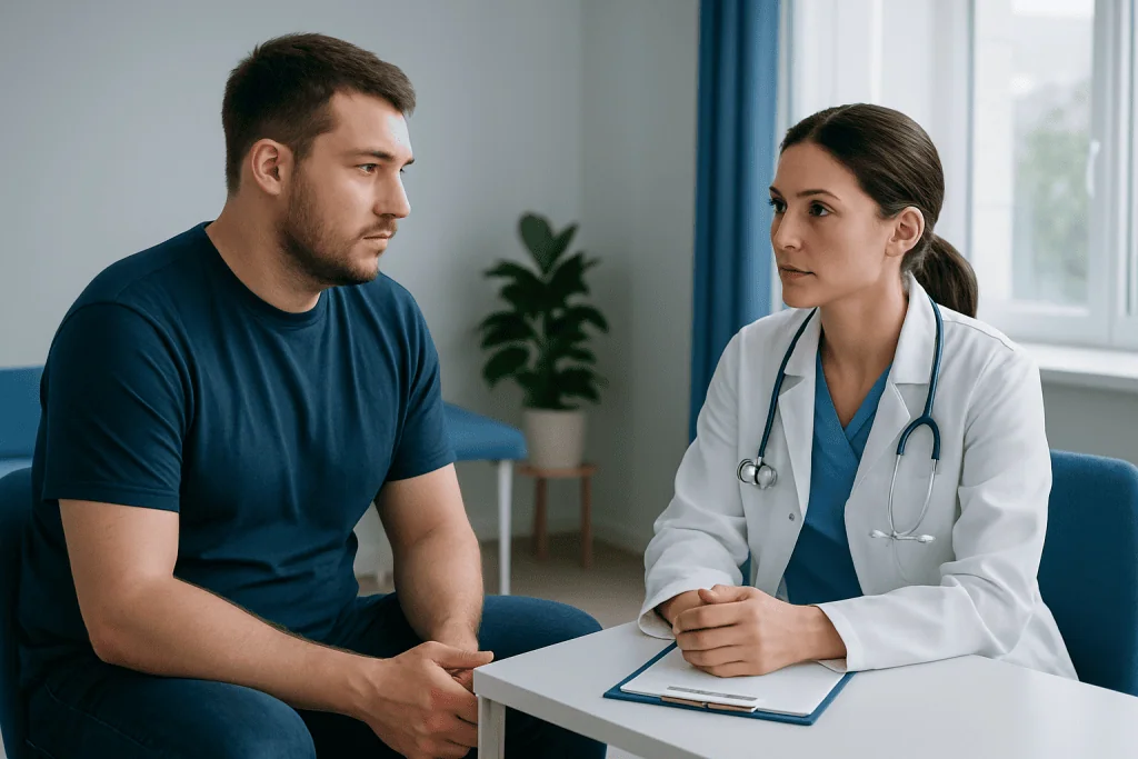 Doctor consulting with male patient in a medical office setting.