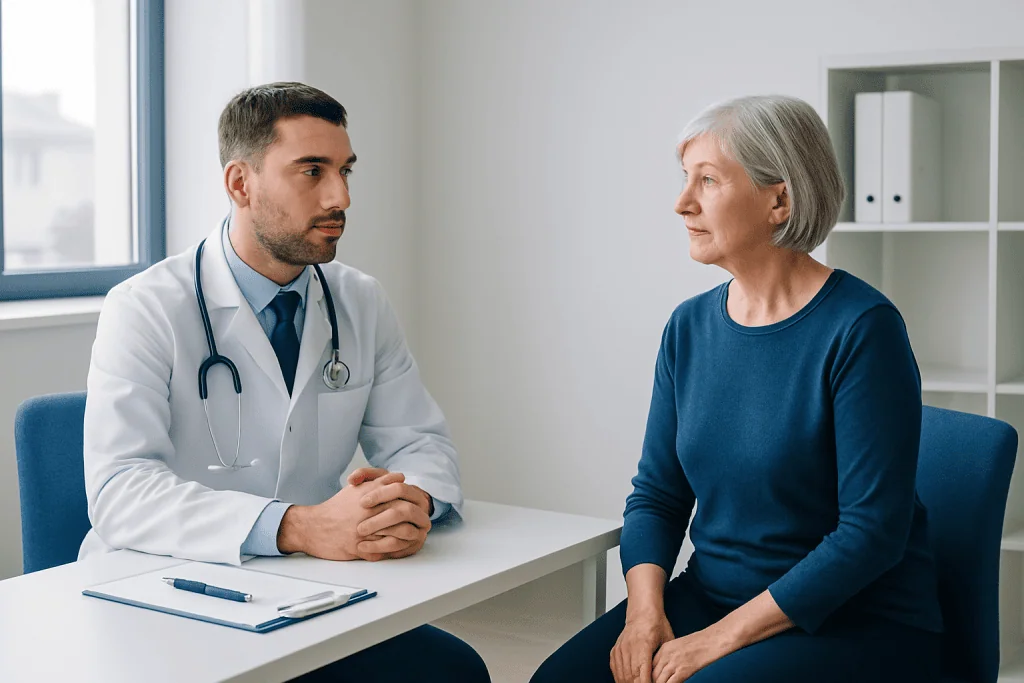 Doctor consulting with an elderly woman in a medical office.