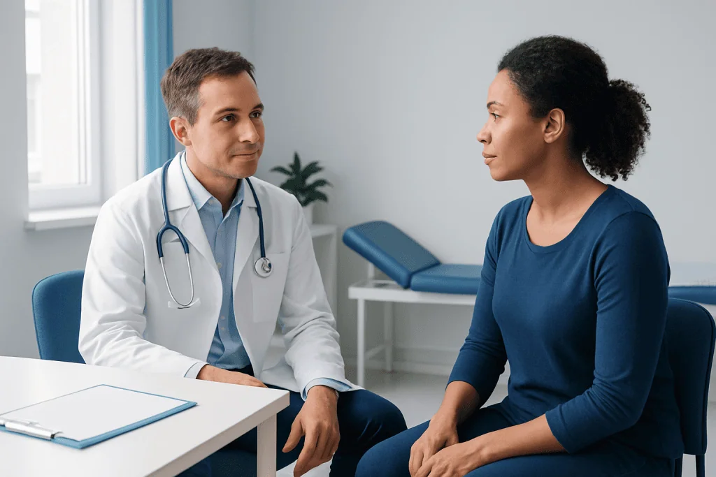 Doctor consulting with a patient in a medical office setting.