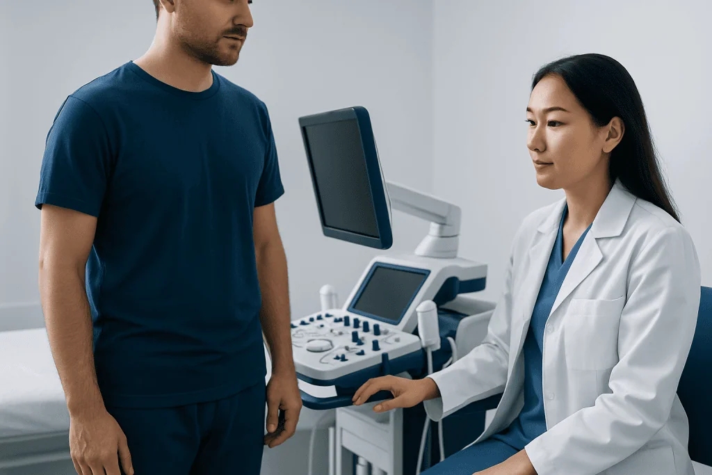 Doctor and patient in a medical consultation room with ultrasound equipment.