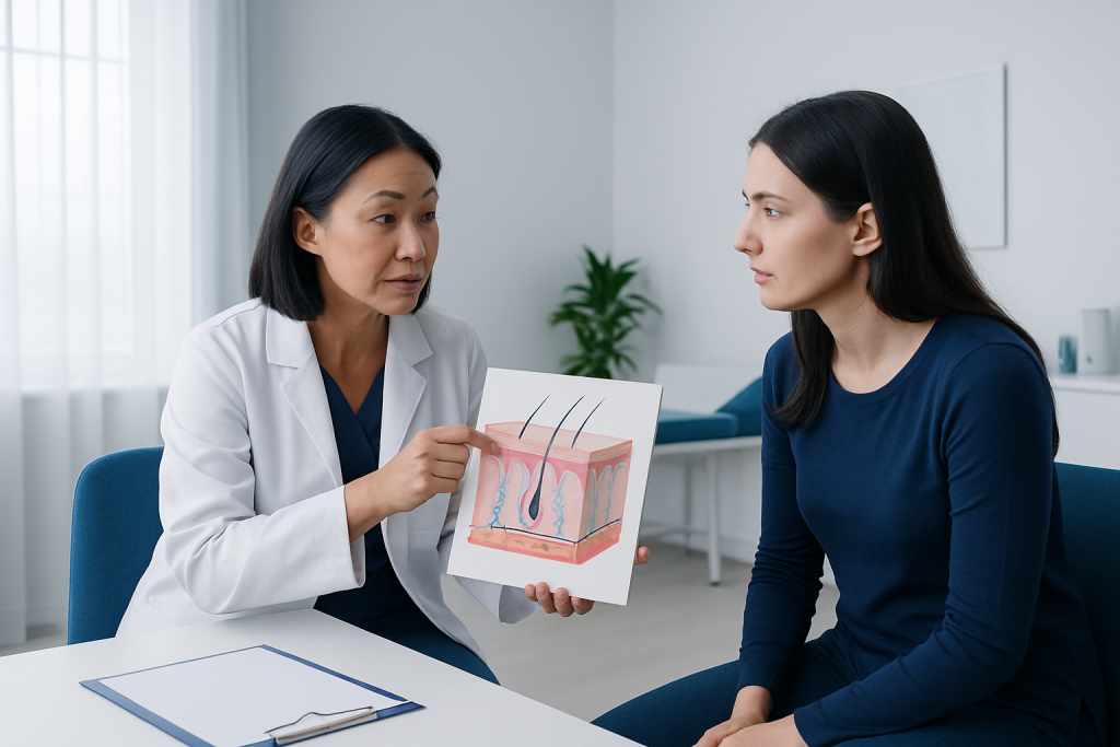 Dermatologist explains skin layers to patient with skin diagram.
