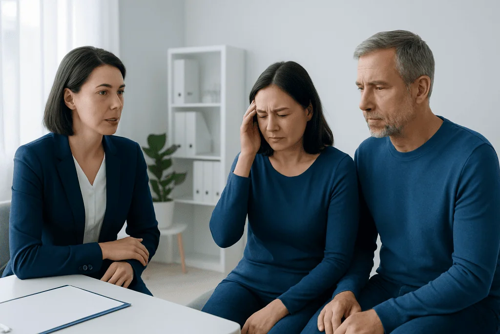 Woman experiencing headache consults with doctor and partner in a medical office.