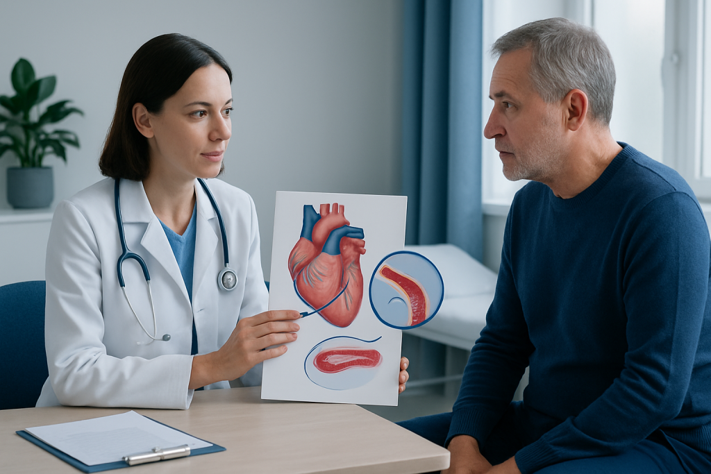 Cardiologist explains heart anatomy to patient with heart model and diagram.