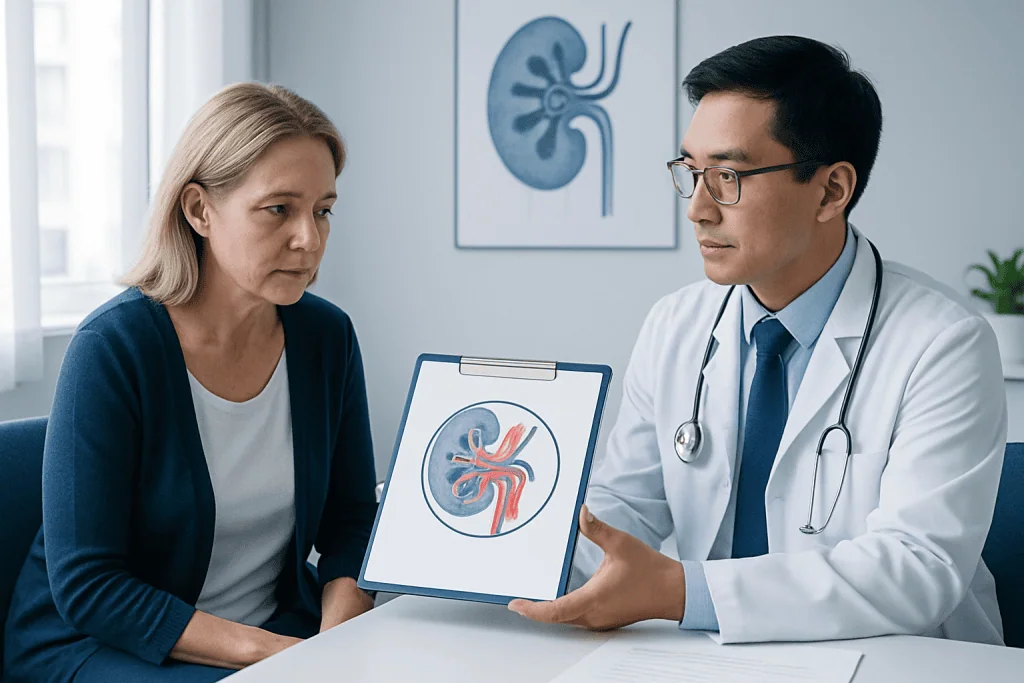 Doctor explaining Bowman's capsule to a patient with kidney diagram.