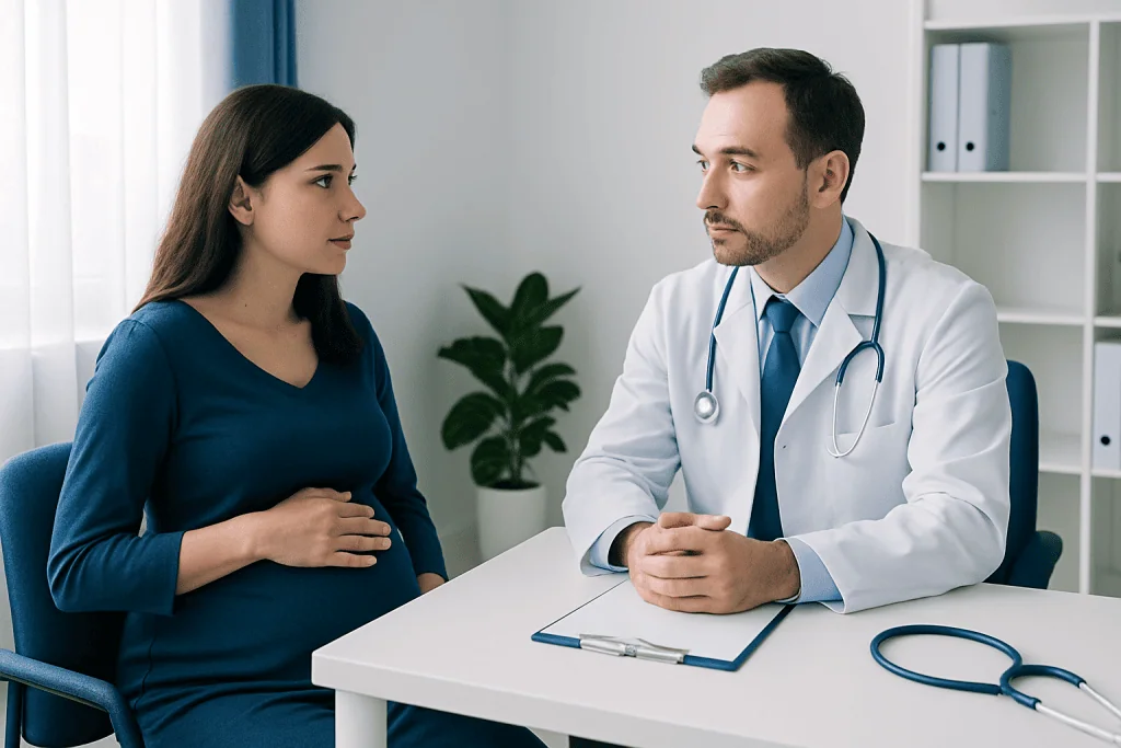 Doctor consulting pregnant woman in a medical office for prenatal care.