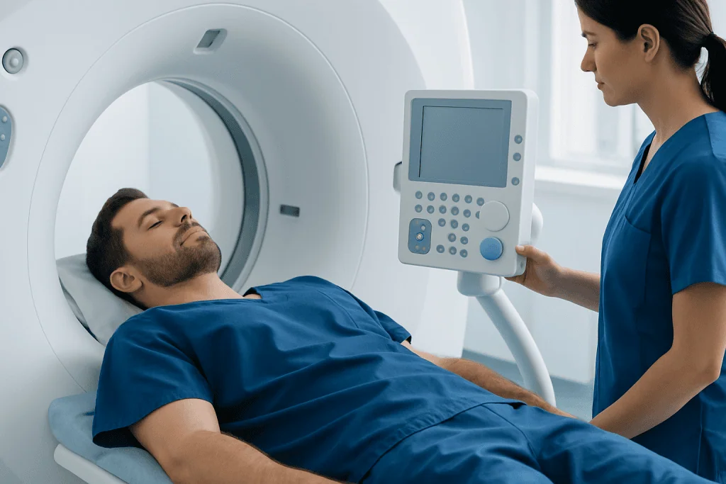 Patient undergoing MRI scan at Acibadem Hospital.