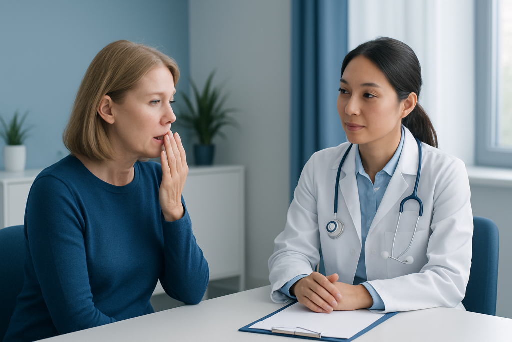 Female doctor consulting with a woman about health concerns in a medical office.