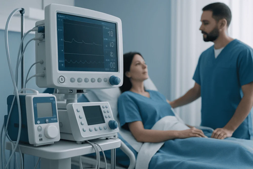 Medical professionals monitor patient vital signs in hospital room.