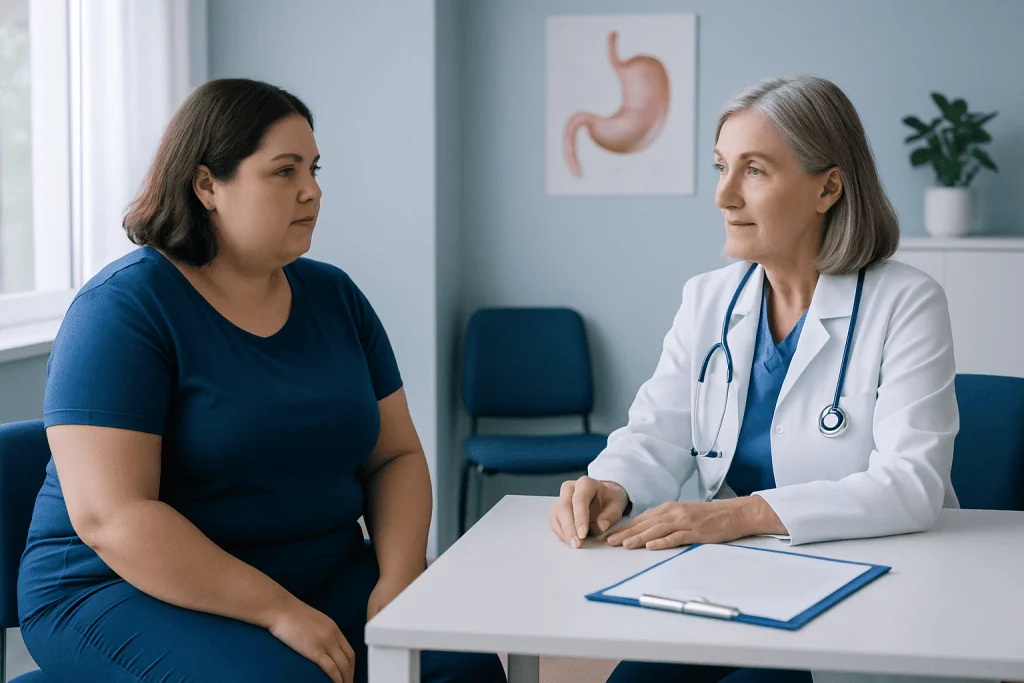 Doctor consulting with a patient about gastric balloon side effects.