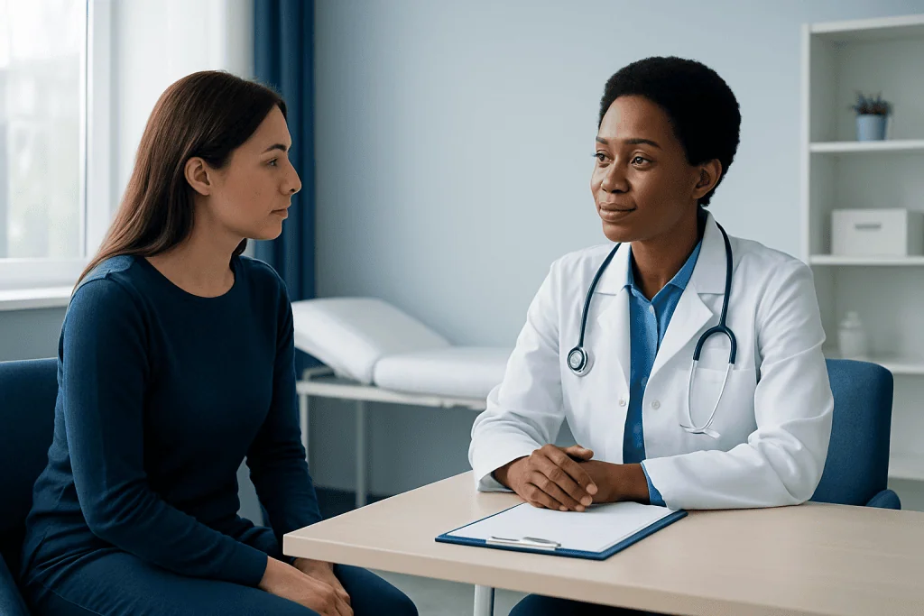 Doctor consulting with a patient in a medical office setting.