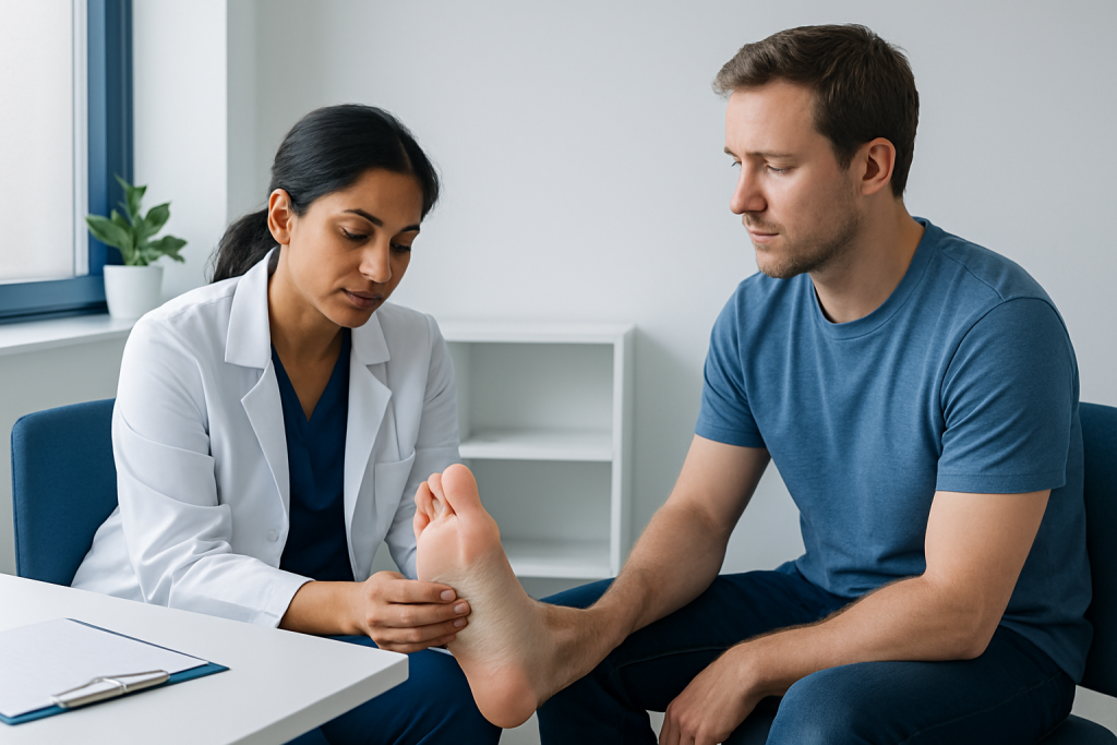Doctor examining patient's foot for plantar wart diagnosis.
