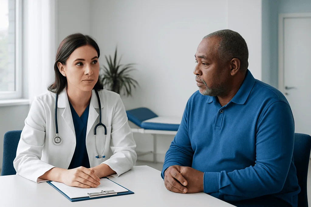Doctor consulting with a patient in a medical office setting.