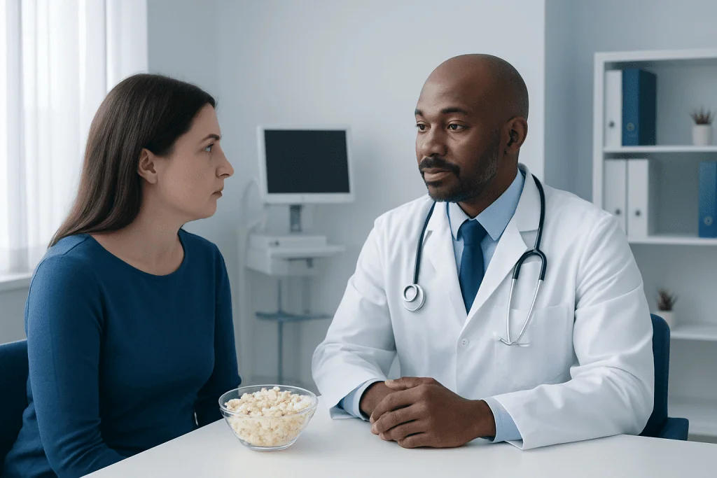 Doctor consulting with a patient about health in a medical office.