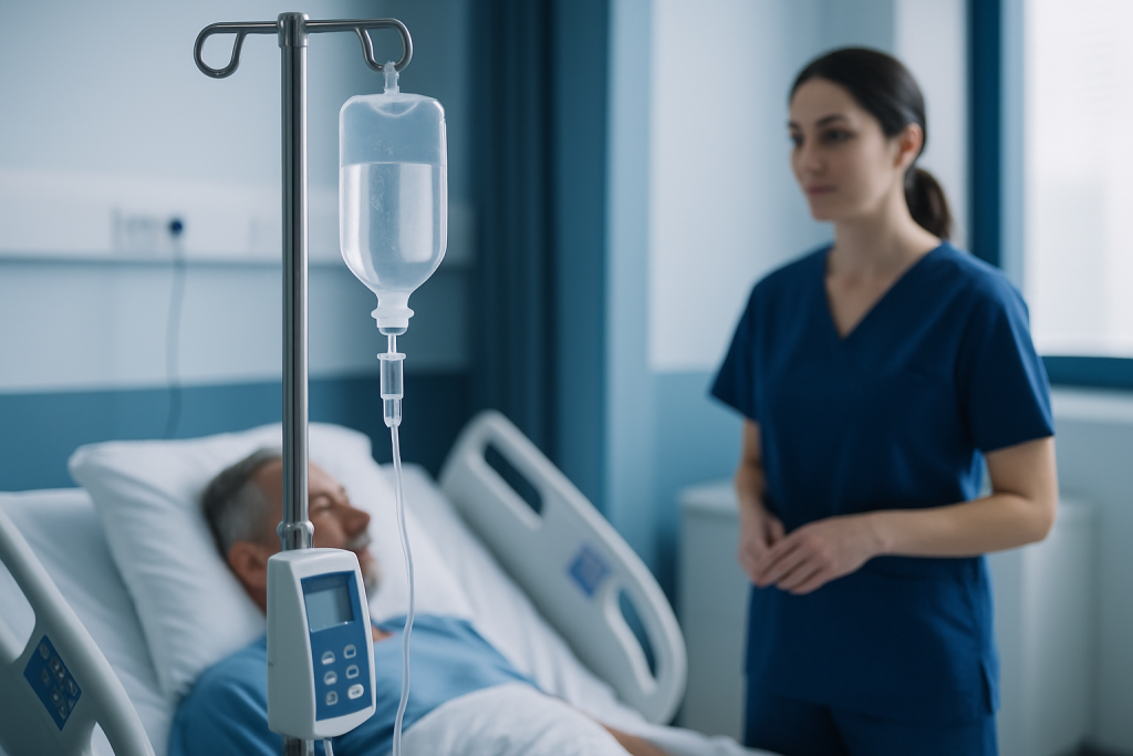 Nurse monitoring patient in hospital room with IV drip.