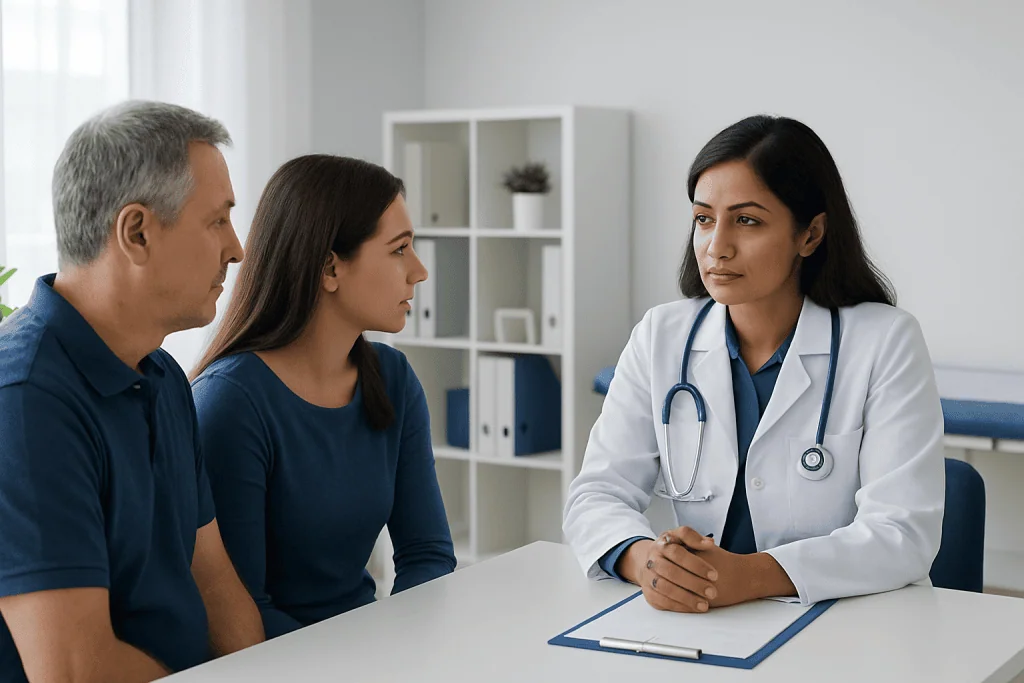 Doctor consulting with a male and female patient in a medical office.
