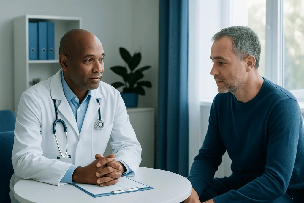 Doctor consulting with male patient in a medical office setting.