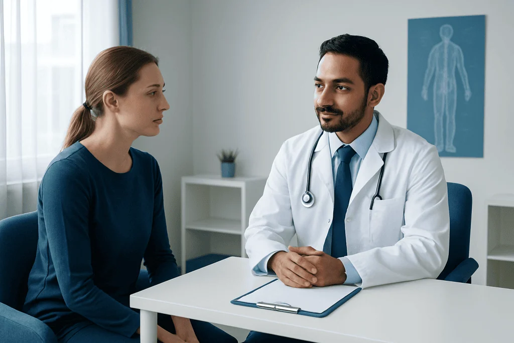 Doctor consulting with a female patient in a medical office setting.
