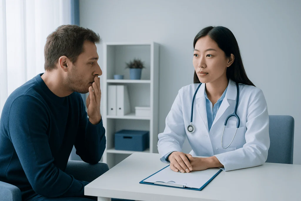 Doctor consulting with a patient about health concerns in a medical office.