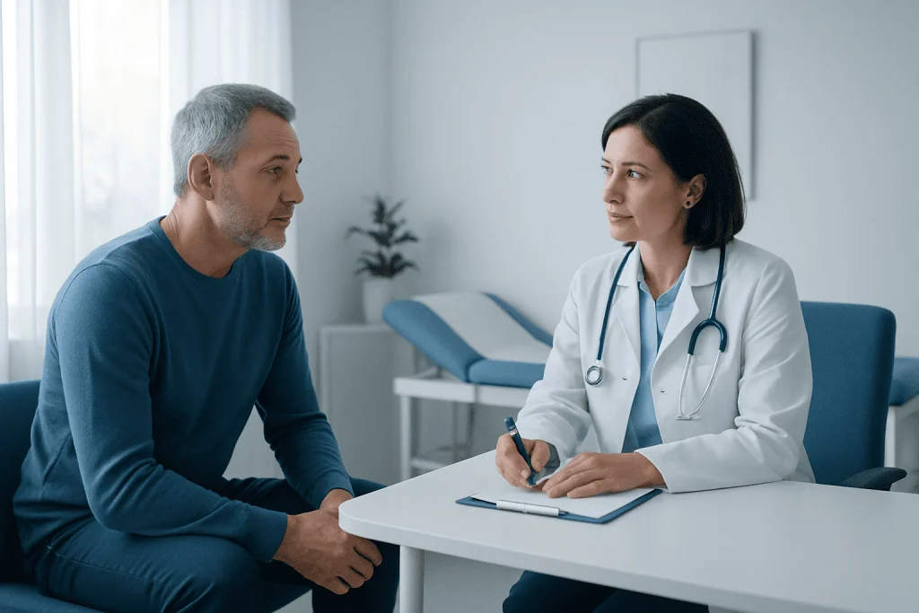 Doctor consulting with middle-aged male patient in a medical office.