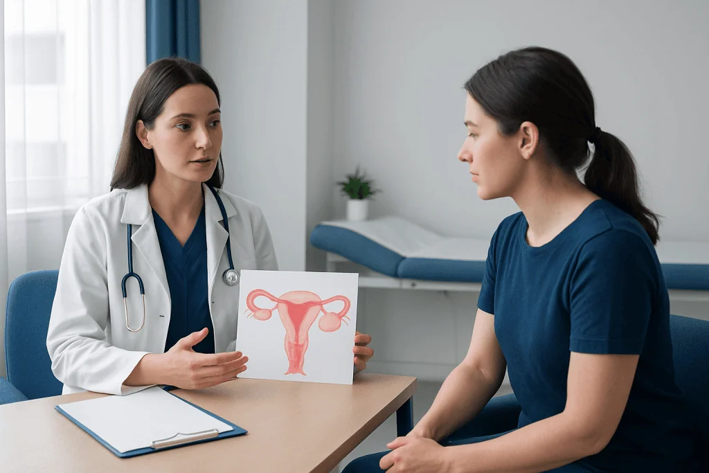 Gynecologist explaining ovarian health to patient with diagram.