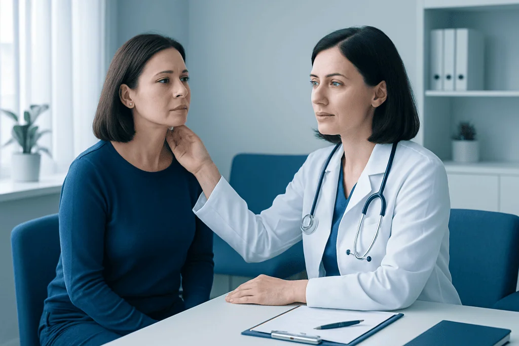 Doctor examining a woman for thyroid health concerns in a clinical setting.