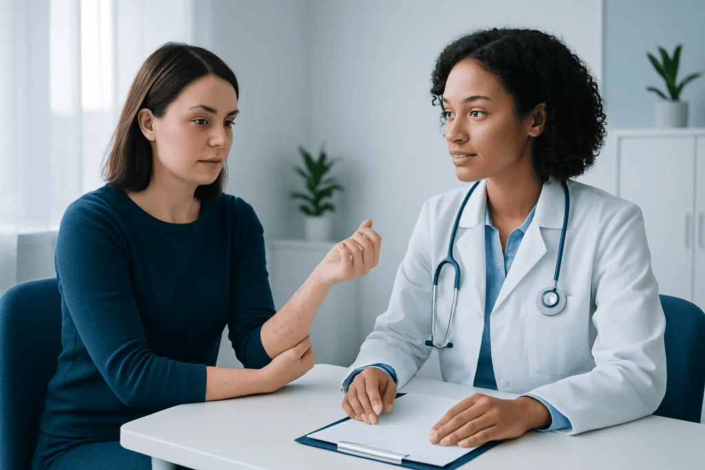 Doctor consulting with patient about health concerns in a clinical setting.