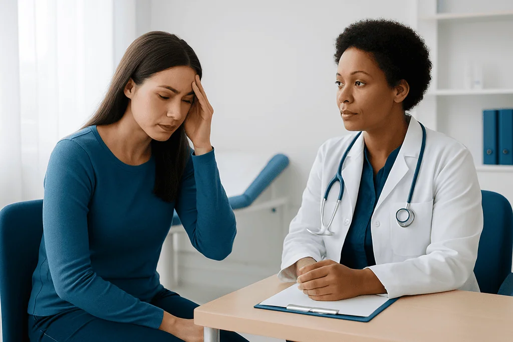 Woman consulting with doctor about health concerns in a medical office.