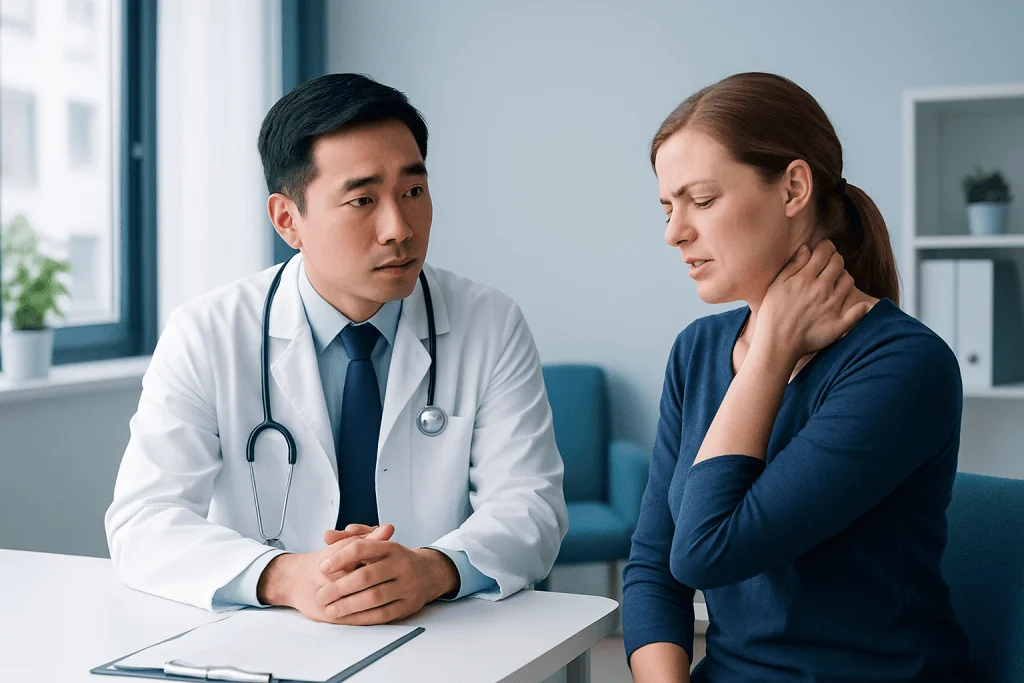 Doctor consulting with a woman about neck pain in a medical office.