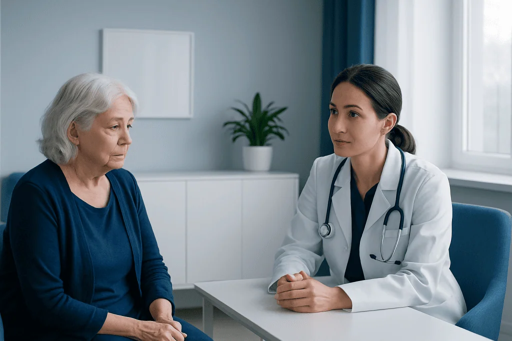 Doctor consulting elderly woman in a medical office at Acibadem Hospitals Group.