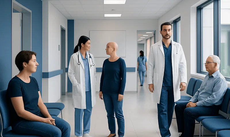Medical team consulting with a patient in a hospital corridor.