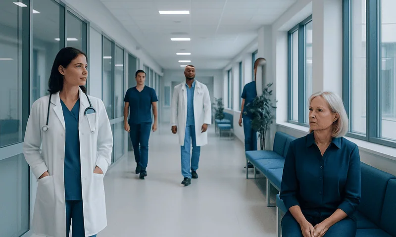 Medical team in hospital corridor with patient waiting area.