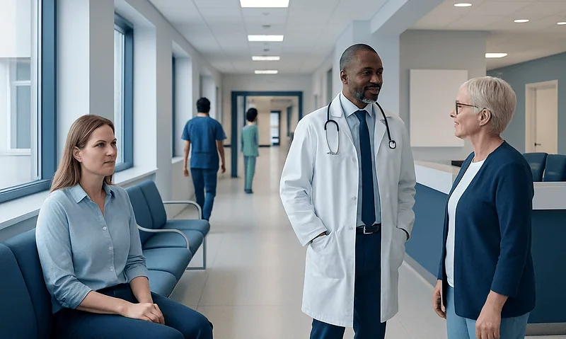 Doctor talking to a senior woman patient in hospital corridor.