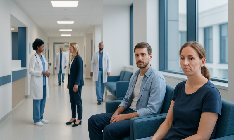 Patients waiting in hospital corridor with medical staff in background.