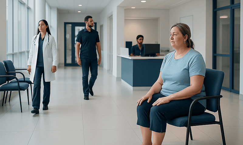 Patient waiting in hospital corridor with medical staff nearby.