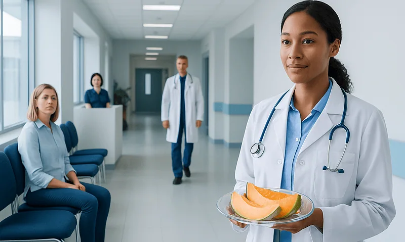 Cantaloupe — Explained by Medical Evidence, Not Myths 3 Healthcare professionals in a hospital corridor with a nurse holding melon slices.