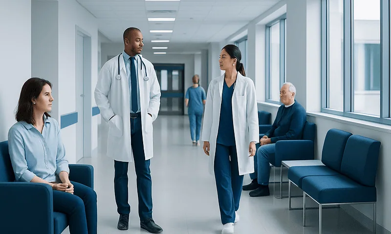 Medical team discussing patient care in hospital corridor.