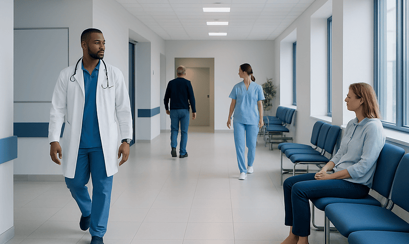 Hospital corridor with medical staff and patient in waiting area.