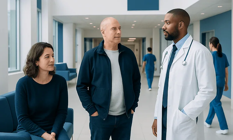 Doctor consulting with a patient and companion in hospital corridor.
