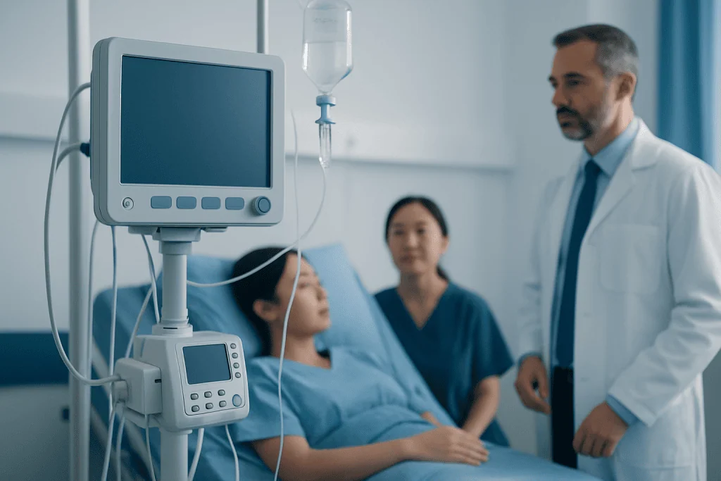 Doctor consulting with patient in hospital room with medical equipment.